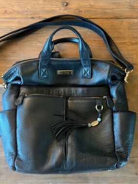 Black Leather Caroline Baby Bag - Convertible Diaper Tote